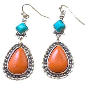 Native American Style Faux Turquoise & Coral Dangle Earrings in Silver Tone